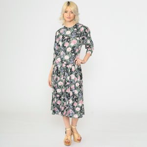 Vintage Floral Dress 80s 90s Puff Sleeve Midi Dress Black Pink Low Basque Waist Romantic Rose Flower Print Day Garden Party 1990s Medium M
