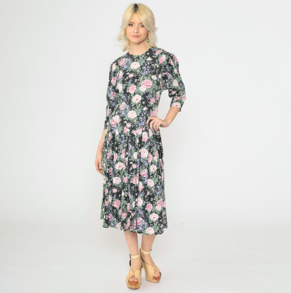 Vintage Floral Dress 80s 90s Puff Sleeve Midi Dress Black Pink Low Basque Waist Romantic Rose Flower Print Day Garden Party 1990s Medium M