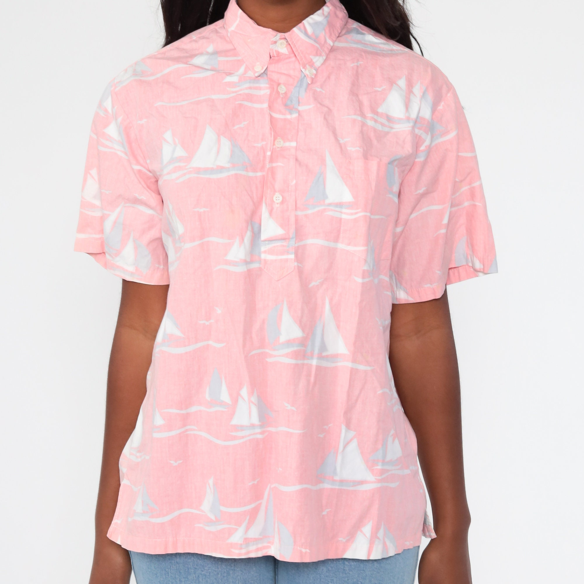 Sailboat Shirt 80s Nautical Sailor Shirt Pink Yacht Shirt Button Up ...