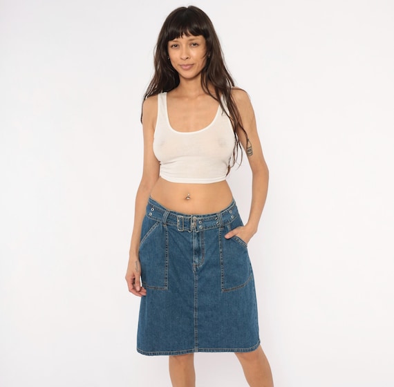 Belted Denim Skirt 2000s Bill Blass Blue Jean Cotton Front Zip Grommet Belt Pocket Casual Indigo Wash Summer Alt Grunge Vintage Medium M