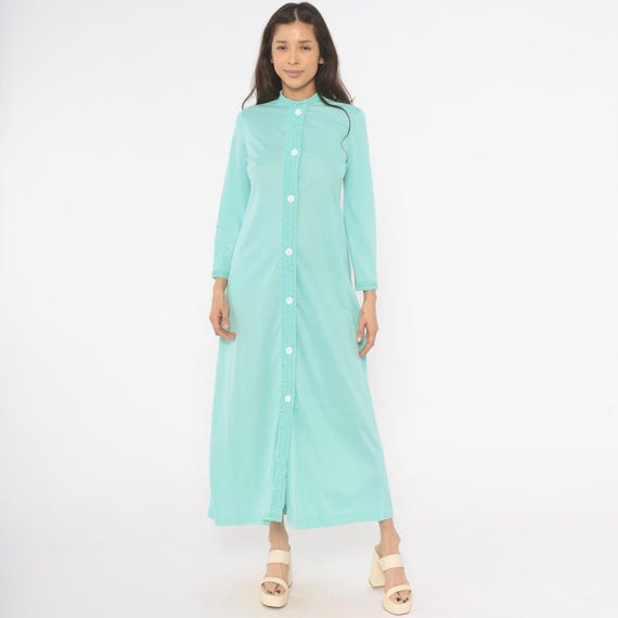 70s Mint Housecoat Maxi Dress Smocked Ruffle Trim Loungewear Robe Aqua Teal Long Sleeve Cottagecore Fairycore Nightgown Duster Small S