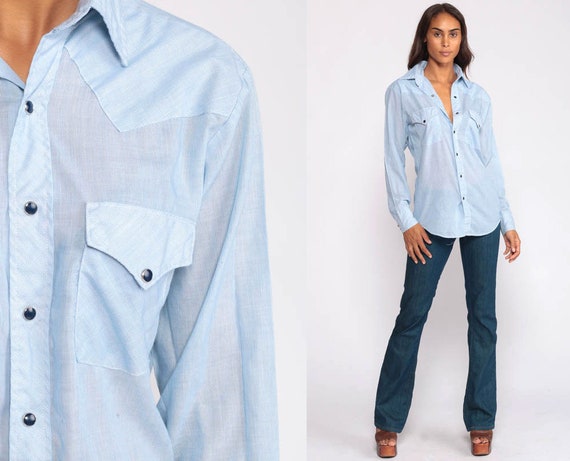 Pearl Snap Shirt Western Shirt 70s  Shirt Blue Pinstripe Oxford Long Sleeve Vintage  Cotton Poly Light Blue Button Up Retro Extra Small xs