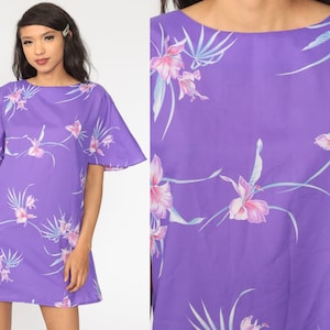 80s Floral Dress Purple Tropical Flutter Sleeve Dress Midi Dress Sheath Dress 1980s Short Sleeve Vintage Shift Medium Large