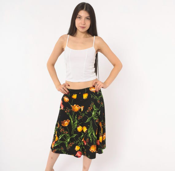 90s Tulip Print Skirt Black Floral A-Line  Orange Yellow Green Botanical Garden Flower Fall Autumn Dark Cottagecore Vintage Medium Large M L