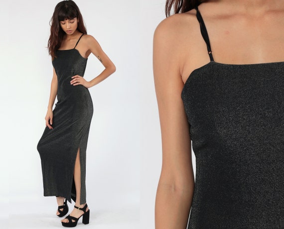 90s Party Dress METALLIC Black Silver Maxi High S… - image 1