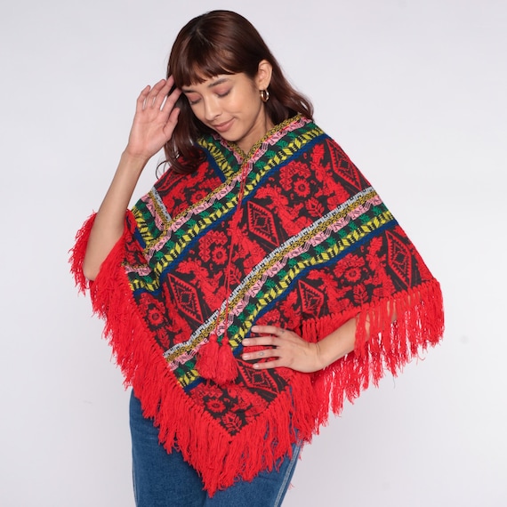 90s Southwestern Poncho Geometric Red Fringe Cotton Tribal Print Colorful V Neck Blue Green Yellow Pink Hippie Vintage Aztec Print One Size