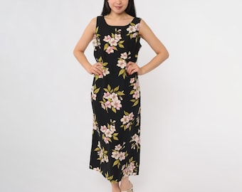 Schwarzes Blumen Kleid 90er Jahre Midi Rosa Weiß Ärmellos Rundhalsausschnitt Gerade Säule Polyester Lilienmuster Zierlich Frühling Sommer Größe 8 Petite 8P