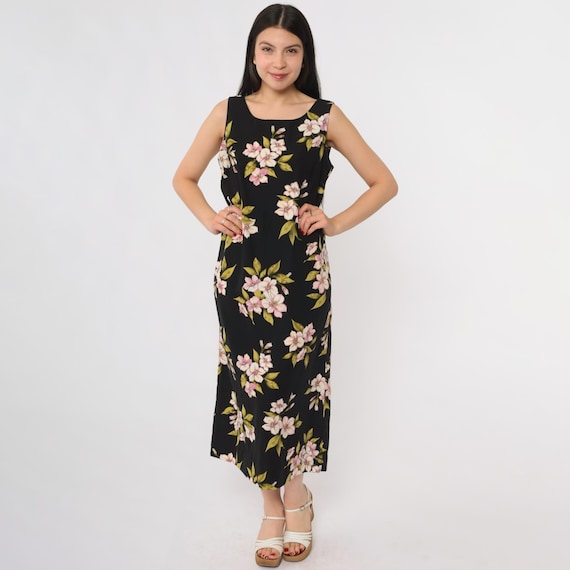 Black Floral Dress 90s Midi Pink White Sleeveless Scoop Neck Straight Column Polyester Lily Pattern Petite Spring Summer Size 8 Petite 8P