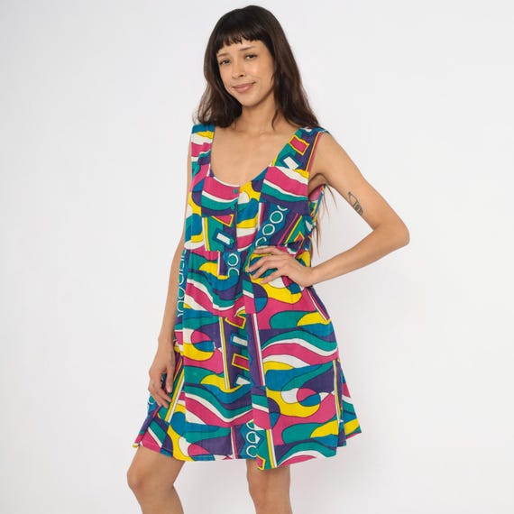 90s Abstract Geometric Sundress Teal Magenta Yellow Purple Scoop Neck Sleeveless Button Front Babydoll Cotton Summer Tank Frock Large L