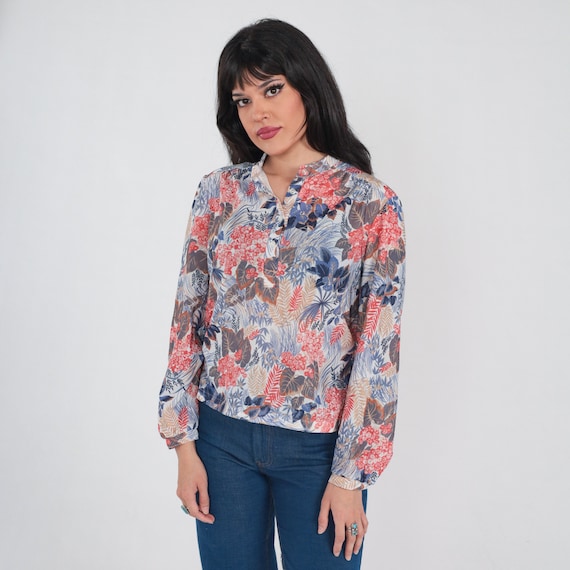 70s Floral Blouse Bohemian Top Half Button Up Long Sleeve Shirt Red Blue Flower Leaf Print Retro Hippie Pattern  White Vintage 1970s Large L