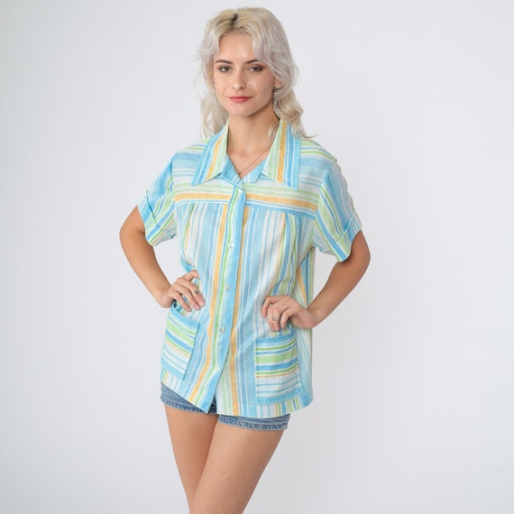 70s Striped Blouse Button up Shirt Short Sleeve Collared Top White Blue Green Orange Pockets Seventies Retro Boho Vintage 1970s Medium M