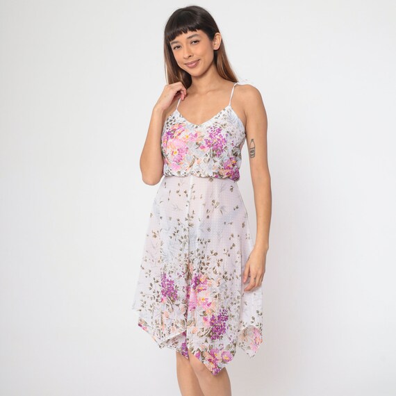 Sheer Floral Dress 70s Hanky Scarf Hem Sun Dress White Polka Dot Boho Midi High Waist Bohemian Sundress Vintage Summer Spaghetti Strap Small