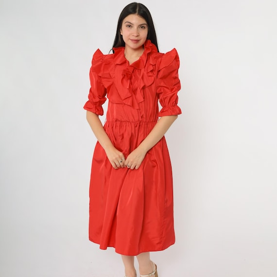 80s Ruffle Dress Red Coral Midi Dress Dramatic Ruffles V Neck Button Front Puff Sleeves Elastic Waist Party Dress Romantic Medium M 5/6