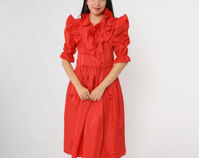 80s Ruffles 80s Ruffle Dress Red Coral Midi Dress Dramatic Ruffles V Neck Button ...