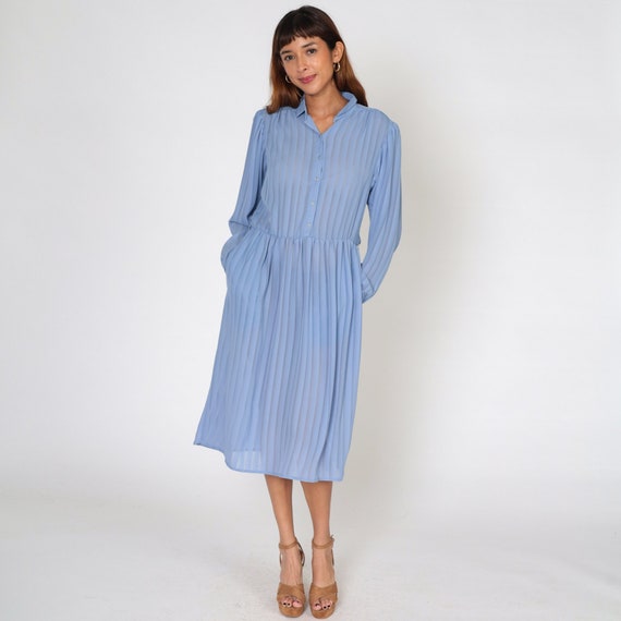 Sheer Periwinkle Dress 80s Midi Shirtwaist Long Puff Sleeve Dress Striped Secretary Shirtdress Button Up 1980s Vintage Plain Blue Medium