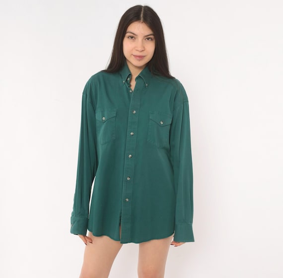 Wrangler Western Shirt 90s Teal Button Down Cotton Forest Green Long Sleeve Button Front Work Wear Hunter Utility Top Vintage 16 34