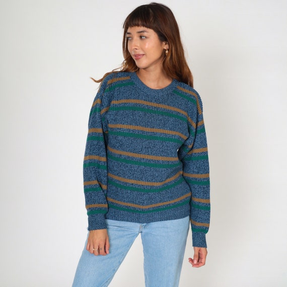Striped Sweater 80s Pullover Knit Sweater Retro Crewneck Jumper Flecked Blue Green Brown Spring Acrylic Basic Vintage 1980s Medium M
