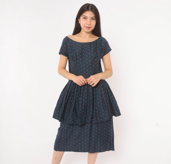 60s Polka Dot Peplum Dress Navy Blue Red Cotton Blend Cap Sleeve Pleated Tiered Rockabilly Pin Up Fitted Waist Vintage Frock Medium M