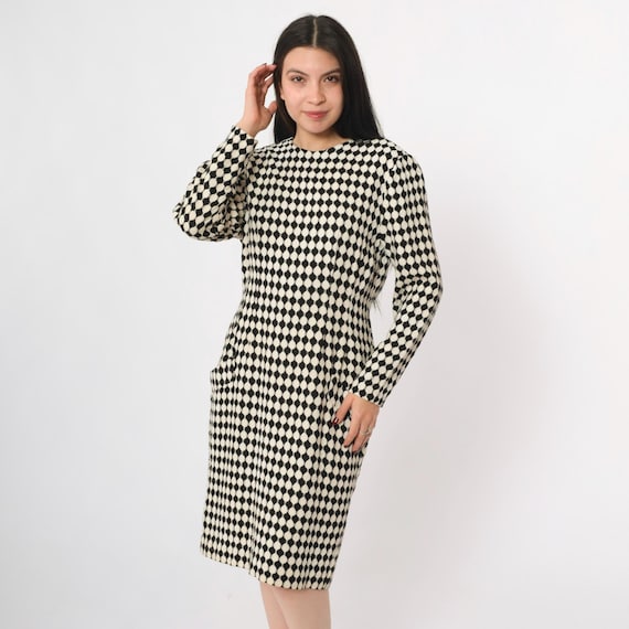 Vintage Black White Wiggle Dress 80s Checkered Woven Long Sleeve Fitted Bodycon Sheath 1980s Minimalist Midi Monochrome Medium 8