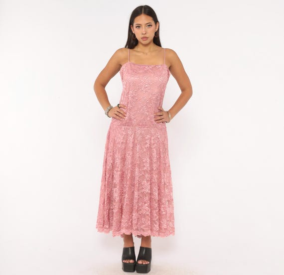 Pink Lace Maxi Dress 80s Pat Richards Floral Embroidered Drop Waist Dusty Rose Slip Style Gown Coquette Fairycore Prom Vintage Medium M