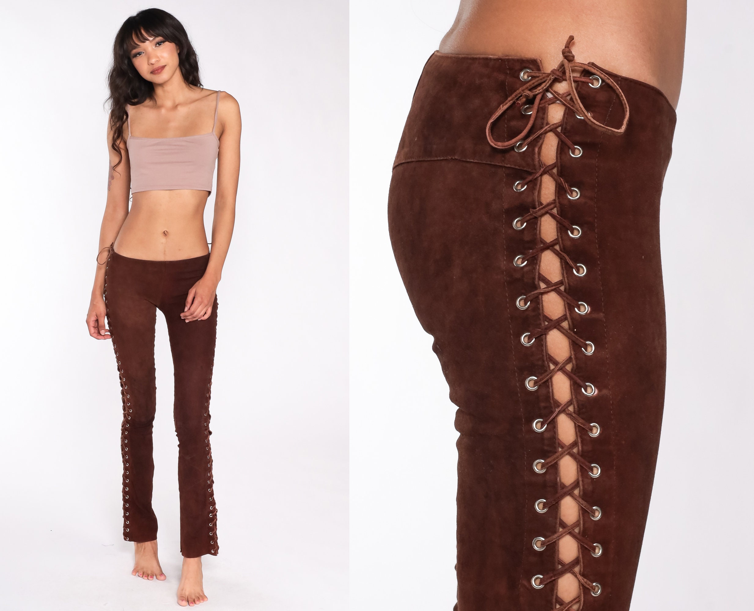 Suede Leather Pants 00s Lace up Brown Leather Trousers Sexy Suede Leather Pants 00s Lace up Brown Leather Trousers Sexy