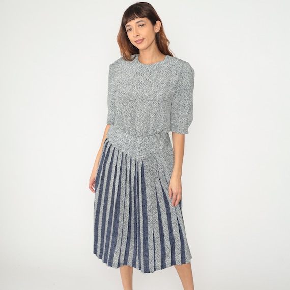 80s Secretary Dress Puff Sleeve Pleated Skirt Mixed Print Round Neck Gathered Waist Vintage Office Work Academic Teacher Nerdcore Medium M