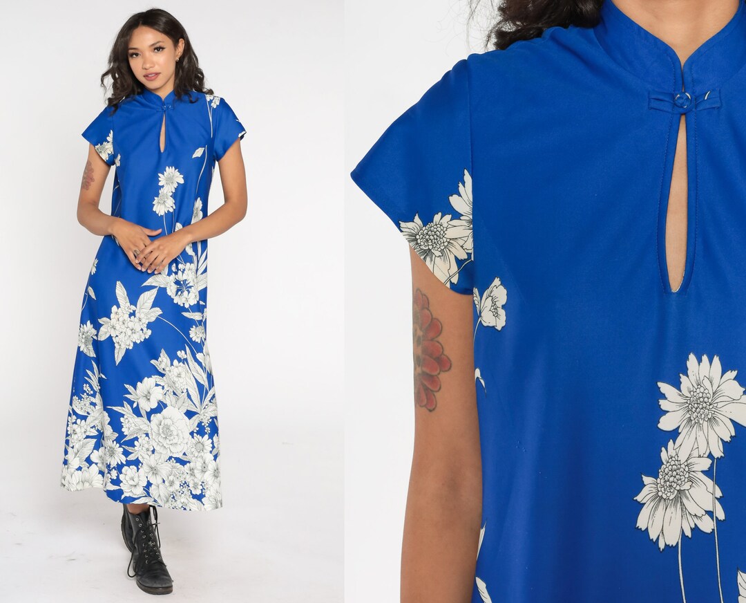 Floral Maxi Dress 70s Blue Boho Flower Print Dress Cap Sleeve Mandarin ...