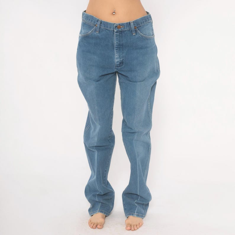 Wrangler Straight Leg Jeans 90s Blue Denim Pants Western Cotton Mid Rise Faded Wash Vintage Trouser Relaxed Fit Medium 34 x 36 image 8