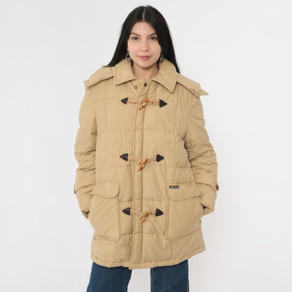 Vintage Puffer Toggle Button Coat 80s Tan Hooded Quilted Duffle Parka Jacket Hood 1980s Hoodie Ski Coat Long Winter Car Coat Men's Medium