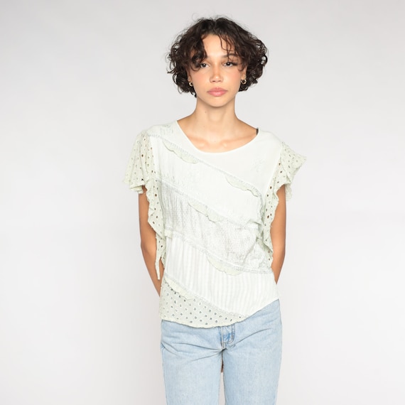 Light Green Blouse Y2k Floral Embroidered Top Ruffled Cap Sleeve Cutout Eyelet Shirt Bohemian Hippie Festival Summer Vintage 00s Medium M