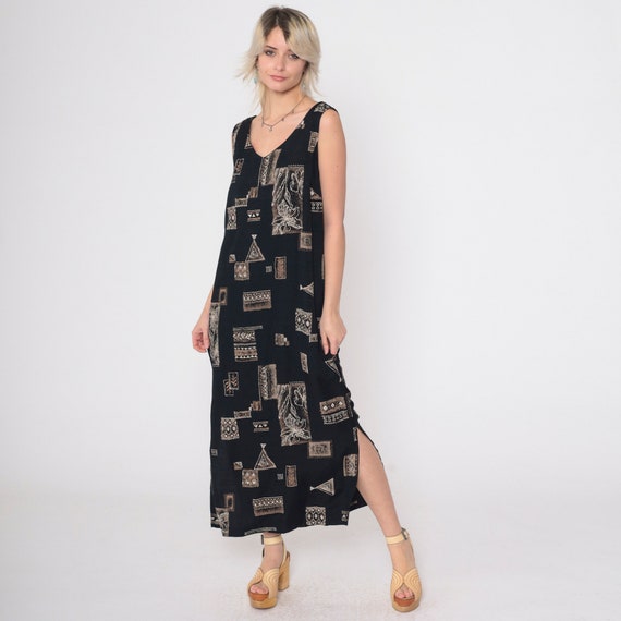 Black Floral Dress 90s Geometric Maxi Dress Retro Sleeveless Sundress Flower Print Dress Side Slit Sleeveless V Neck Vintage 1990s Small