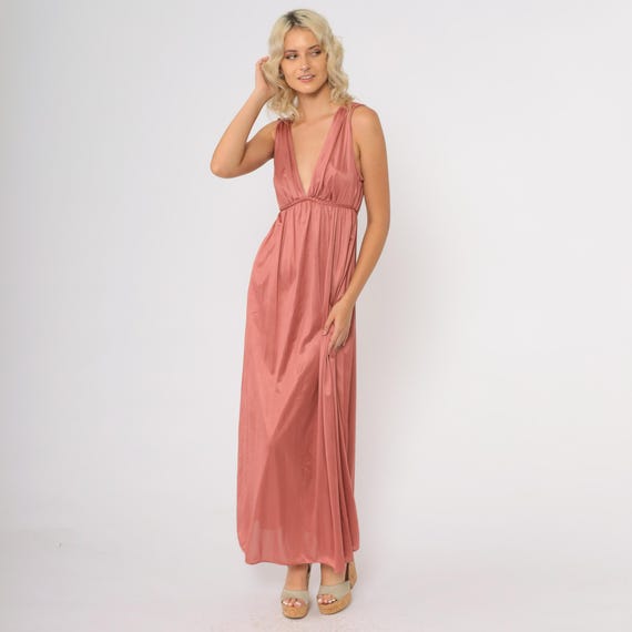 70s Dusty Rose Nightgown Empire Waist Maxi Dress Plunging V Neck Sleeveless Braided Waist Tie Back Flowing Full Length Romantic Medium M
