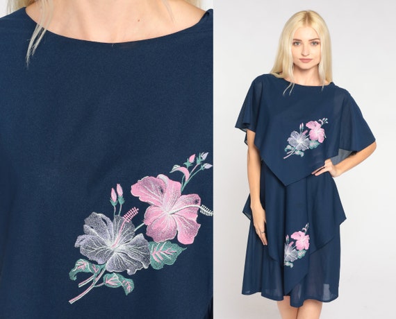 Capelet Dress 70s 80s Navy Blue Mini Dress Floral Party Dress Grecian Draped Minidress Flowy Flutter Sleeve V Back Vintage 1980s Medium M