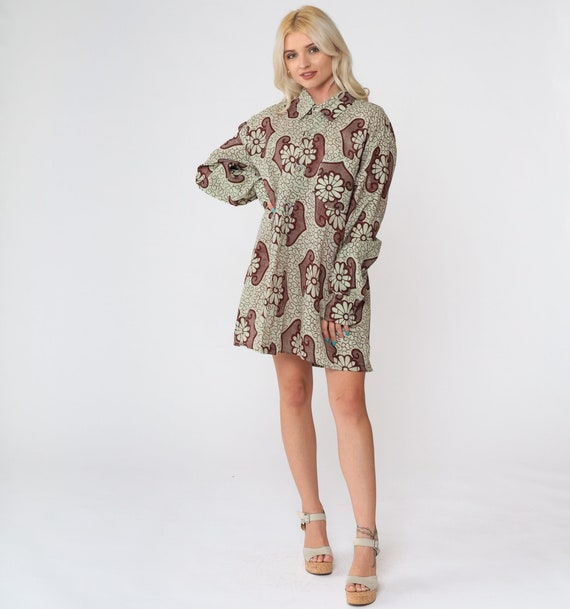 Floral Batik Shirt 90s Dark Red Button up Shirt Hippie Bohemian Psychedelic Long Sleeve Vintage 1990s Light Green Men's Extra Large xl