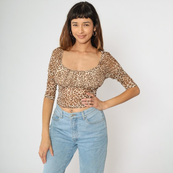 Leopard Print Mesh Top Ruched Bust Sheer Crop Top Animal Print Square Scoop Neck 3/4 Sleeve Tight Bodycon Vintage Low Cut Brown Small xs