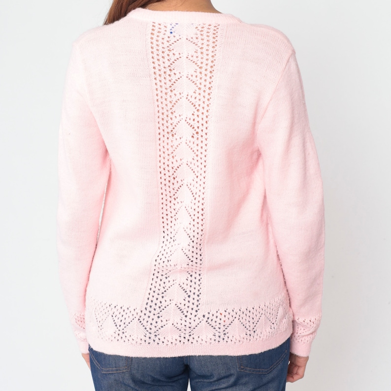 70s Baby Pink Cardigan Pointelle Knit Button up Sweater Open Weave Cutout Boho Pastel Grandma Cut Out Spring Acrylic Vintage 1970s Small S image 7