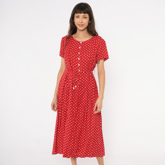 Red Heart Print Midi Dress Button Front Scoop Neck Short Sleeve Tie Waist Pleated Skirt White Cherry  Coquette Prairie Vintage Medium M