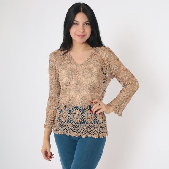 Vintage Crochet Top 90s Sheer Mocha Brown Blouse Long Sleeve Shirt Open Weave Hippie Summer Festival Vintage Rayon 1990s Small