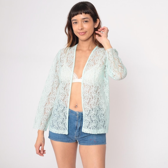 70s Mint Green Lace Blazer Open Front Cardigan Floral Pattern Long Sleeve See Through Sheer Vintage Jacket Prairie Layering Small S