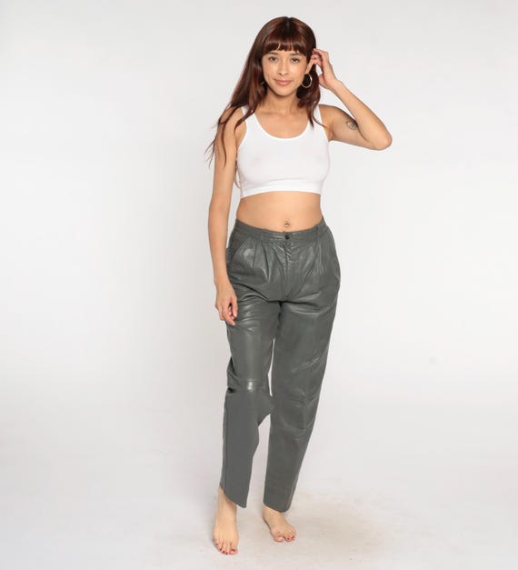 Gray Leather Pants 80s High Waisted Pleated Front Tapered Leg Vintage Dark Academia Party Night Out Minimalist Chic Grunge 31x30 Medium M