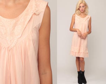 Pastel Nightgown Slip Dress Peach Nylon Nightgown Lingerie 70s Babydoll Lace Midi Nightie Pin Up Boho 1970s Vintage Ruffle Medium