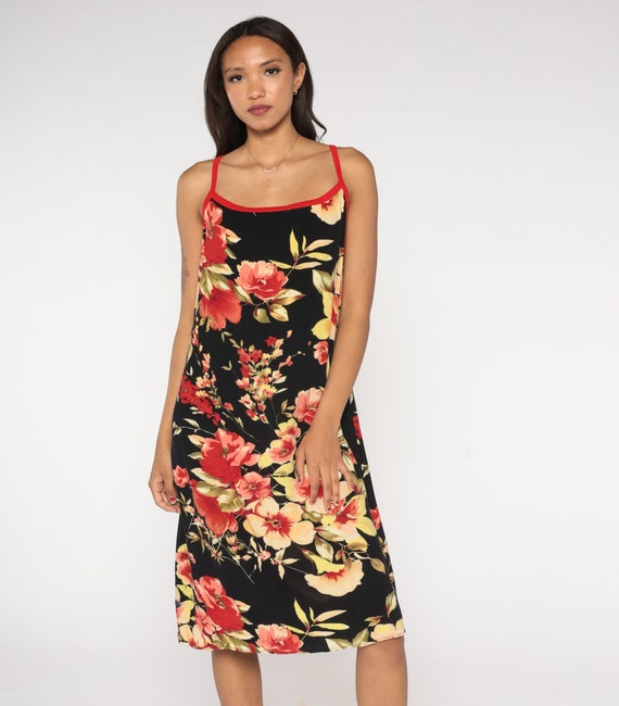 Hawaiian Floral Dress Y2K Black Spaghetti Strap Red Tropical Sundress Midi Sleeveless Botanical Flower Print Summer Vintage 00s Large L