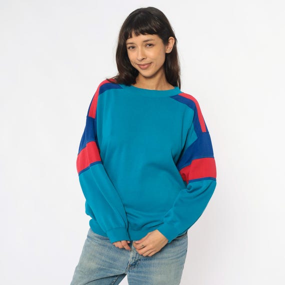 90s Colorblock Sweatshirt Turquoise Blue Red Striped Sleeve Vintage Athletic Streetwear Sporty Gym Cover Casual Geometric Pattern Medium M