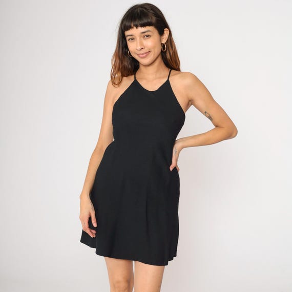 Vintage Black Summer Dress 90s Racerback Mini Spaghetti Strap Minimalist Sleeveless Mini A-Line 1990s Small S