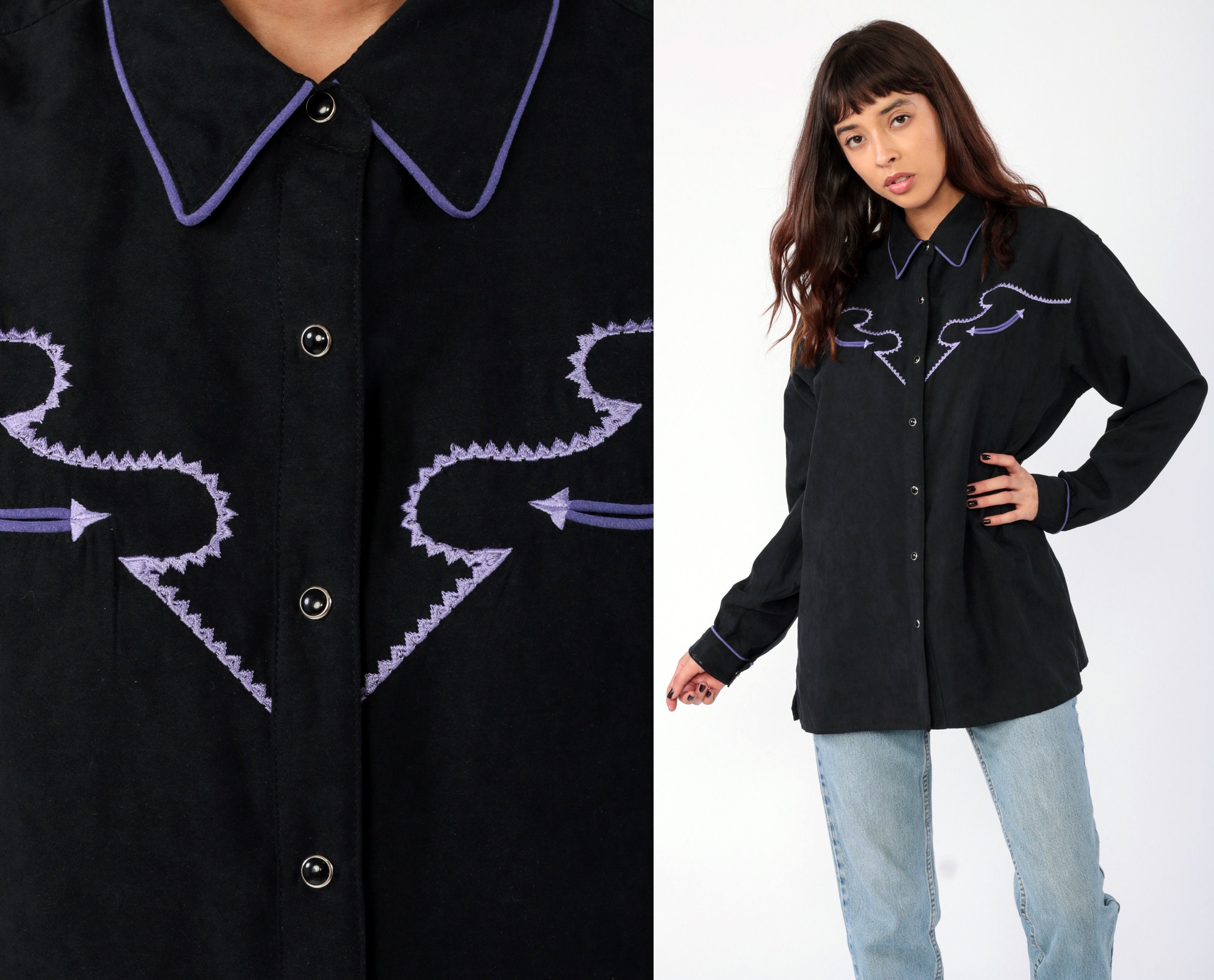 Black Western Shirt 90s WRANGLER Embroidered Shirt PEARL SNAP Shirt Purple  1990s Long Sleeve Button Up Vintage Retro Extra Large xl