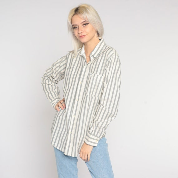 90s GUESS Shirt Grey Striped Shirt White Button U… - image 3