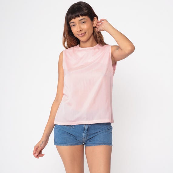 Sleeveless Blouse 60s Pale Pink Shell Top Vintage Round Neck Cotton Blend Summer Minimalist Simple Classic Boxy Silhouette Small