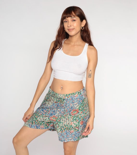 Floral Silk Shorts Y2K Blue Green Elastic Waist High Rise Relaxed Fit Multi Color Abstract Pattern Summer Lounge Casual Vintage Medium M
