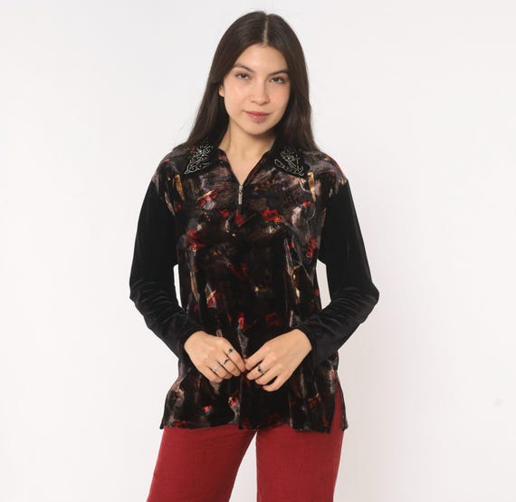 90s Velvet Blouse Black Rhinestone Collar Embellished Top Long Sleeve Shirt Red Gold Dark Floral Grunge Witchy Whimsigoth Alt Medium M