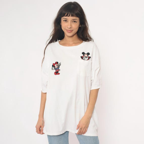90s Mickey Mouse Tee White Cotton Shirt Embroidered Minnie Crew Neck Short Sleeve Disney Character Top Vintage One Size Extra Large XL